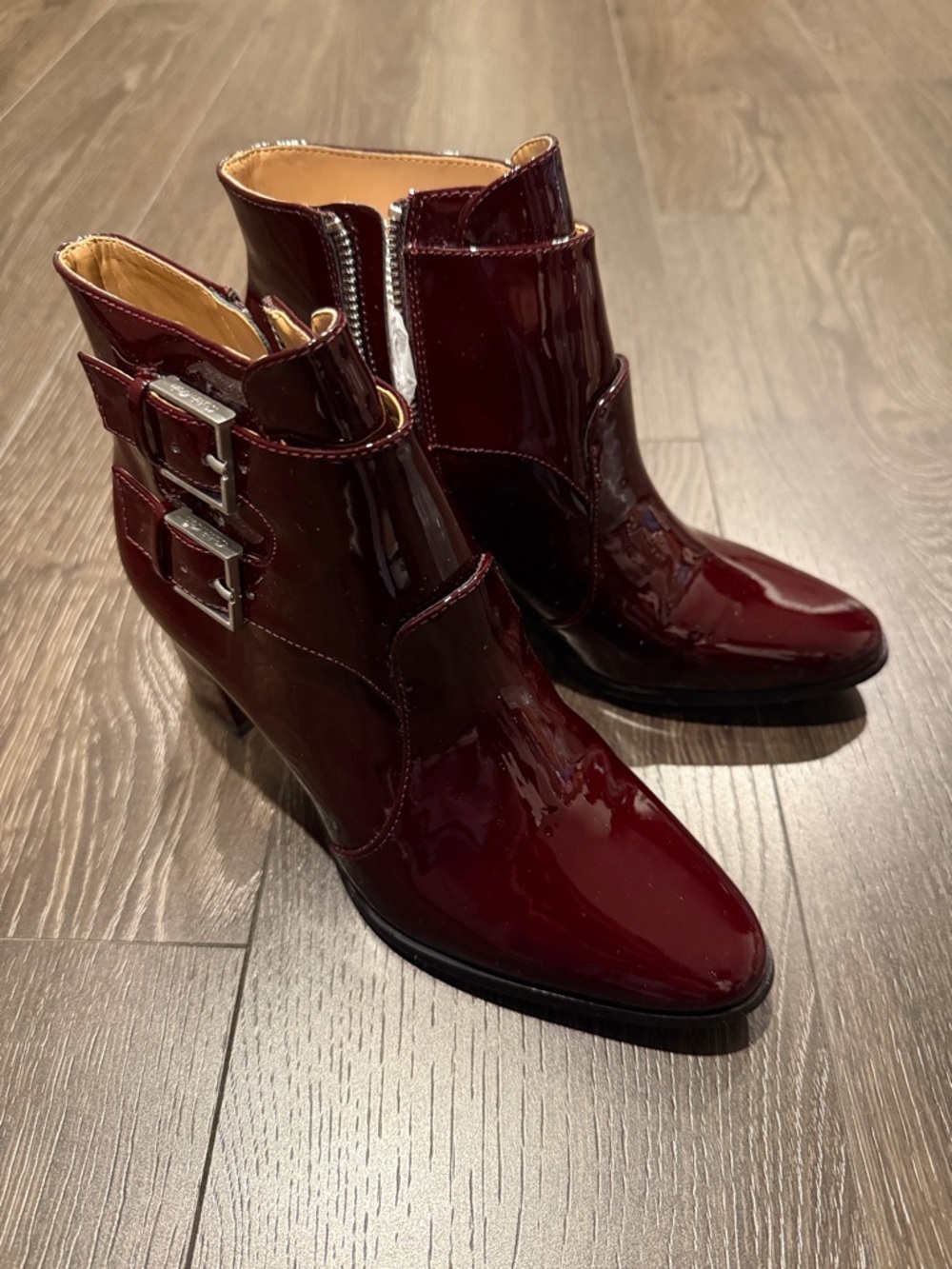 Calvin Klein Burgundy Patent Leather Ankle Booties with Buckle Straps